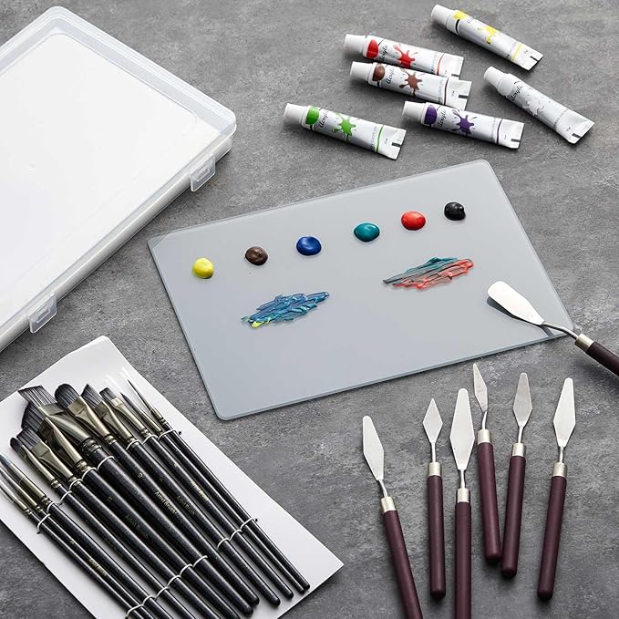 Nuanchu 22 Pcs Artist Painting Set, Oil Paint Tempered Glass, Airtight Stay Wet Palette Container, Brushes, Palette Knives, Sponge, Easy Clean for Miniature Painting, Keep Paint Fresh, Color Mixing