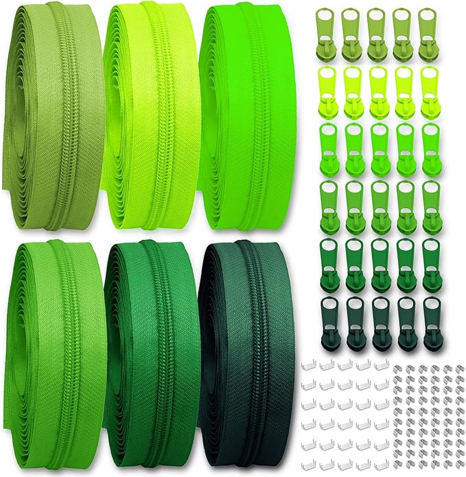 #5 Nylon Zipper Tape for Sewing: YZSFIRM 24 Yards Green Series by The Yard Nylon Coil Zippers for DIY Sewing Craft with 30 Bulk Metal Zipper Slider