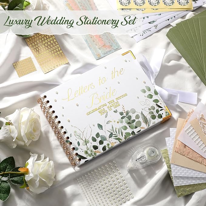 Humyoun 8.5 x 7 Inch Wedding Guest Book Letters to The Bride Scrapbook Wedding Memory Book Bridal DIY Blank Paper Scrapbook Photo Album Guest Sign with Pearl Stickers (97 Pcs,Eucalyptus)