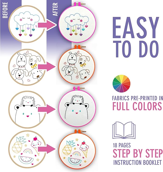 10 Pre-Stamped Embroidery Patterns for Beginners Embroidery Kit for Kids Girls Needlepoint Kits for Beginners Cross Stitch Craft Sewing Perfect for Ages 7-13
