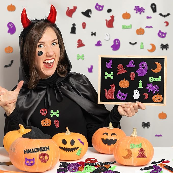 300Pcs Halloween Stickers, Self-Adhesive Glitter Halloween Foam Stickers, Assorted Shape Pumpkin Spider Bat Sticker, Halloween Party Favors Bulk for DIY Crafts Home Decorations