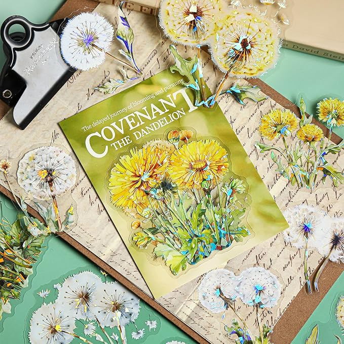 60-Piece Holographic Dandelion Scrapbook Stickers – Colorful Iridescent Effect Decorative Floral Botanical Stickers for Journaling, Art Projects, Card Making, Planners, Gift Wrapping