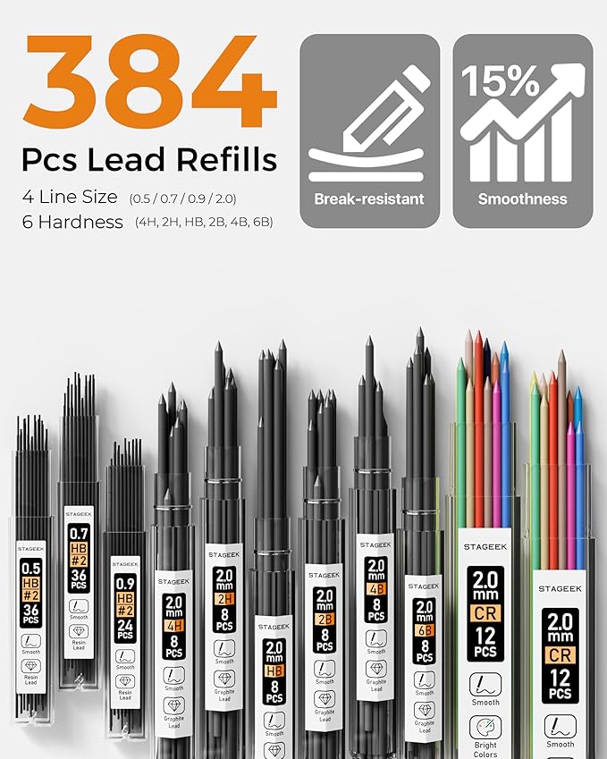 Mechanical Pencil Set with Case 34 Count, Drawing Pencils 0.5, 0.7, 0.9MM & 3PCS 2MM Sketching Pencils with 384PCS Lead Refills (6B 4B 2B HB 2H 4H Color) for Artist Drafting Drawing Writing