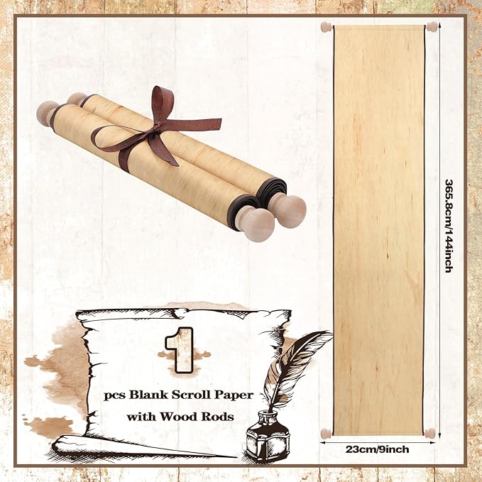 Epakh Blank Scroll Paper 9 x 144 Inches Long Scroll Paper Vintage Wrapped on Wood Rod for Wedding Vows, Writing, Drawing, Calligraphy, Invitation, Renaissance Festivals