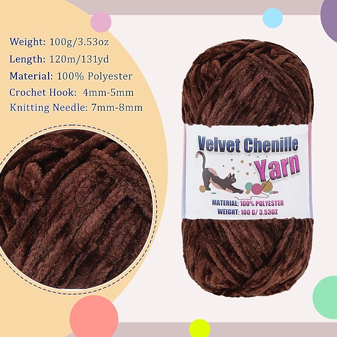 4 * 100g Fluffy Velvet Chenille Yarn for Crocheting and Knitting, Handcrafts Weaving Soft Chenille Yarn for Crocheting Clearance, Used for Making Baby Yarn Blanket, Clothes, DIY Craft (Coffee Brown)