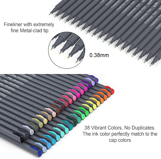 Colored Pens, 38 Fineliner Porous Fine Point Pens with 2 Stencils, Fine Tip Drawing Markers Perfect for Journal Planner Adults Coloring Office College Art Supplies by Smart Color Art