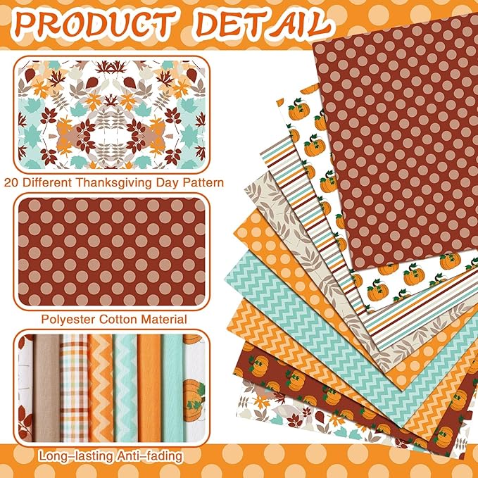 HunnmingRe 20 Pcs 10''x10'' Fall Pumpkin Quilting Fabric Square Thanksgiving Maple Leaf Quiltted Fabric Bundle Multicolor Precuts Printed Patchwork Supplies for Autumn Harvest DIY Sewing Craft