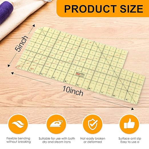 Thin Hot Hem Ruler Rounded Corner Ironing Ruler for Pocket All-in-one Ruler for Sewing Quilting Heat Resistant Non-Slip Hot Ruler Efficient Precise Sewing Tool Seam Guide 10X5inch