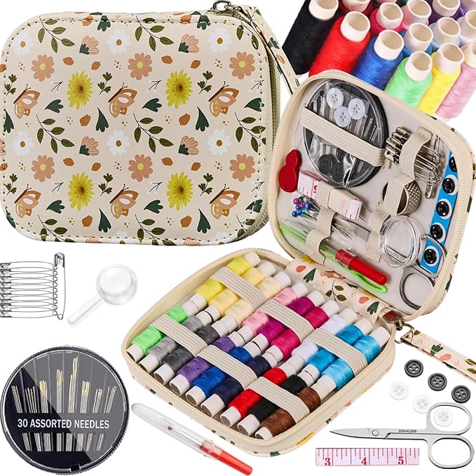 Printing Small Sewing Kit Butterflies Pattern Professional Sewing Supplies Basic Portable Travel Sewing Kit for Adults,Arts Craft DIY,Emergency, Home Beginners