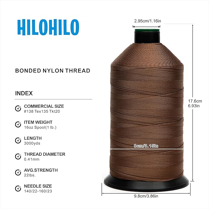 Extra Strong Bonded Nylon Thread #138 Tex135 – 16 OZ, 3000yds, Versatile Stitching Solution for Leather, Upholstery, Canvas Repair and More (Tawny Brown)