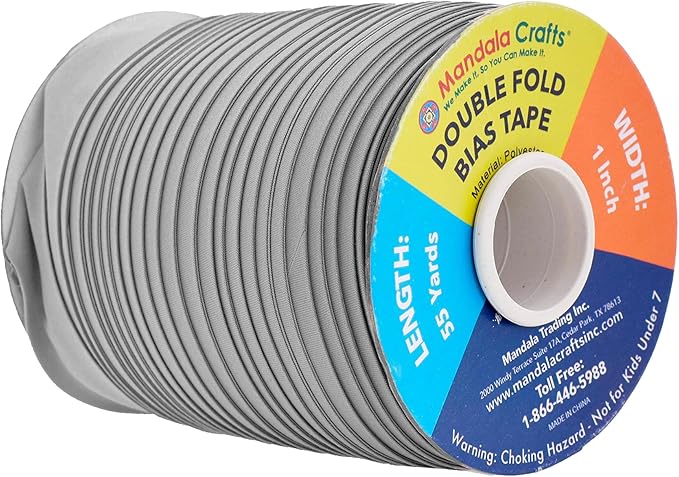 Mandala Crafts 55 Yards 1 Inch Gray Double Fold Bias Tape for Sewing - Bias Binding Tape for Quilting Binding, Hemming, Seam, and Fabric Piping