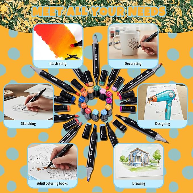 Lexio Alcohol Markers, 60 Colors Dual Tip Art Marker With Organizing Case, Fine & Broad Tip Permanent Art Markers for Adults, Drawing, Sketching and Coloring