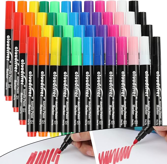 cloudriver Acrylic Paint Pens, Bulk Pack of 48, 12 Colors Water-based Ink Markers, Fine and Chisel Tip Acrylic Paint Markers For Canvas, Rock Painting, Wood, Glass, Metal, Ceramic, stone