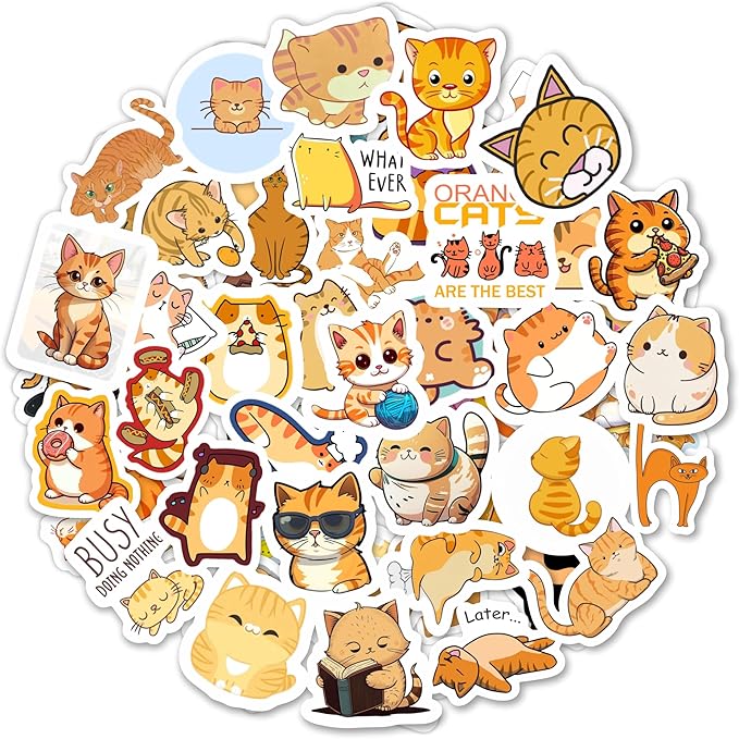 BulbaCraft Orange Cat Stickers for Water Bottle and Laptop - Orange Cat Party Supplies & Decorations, Waterproof Vinyl Decals, Cute Animal and Pet Stickers, Gifts for Women & Men