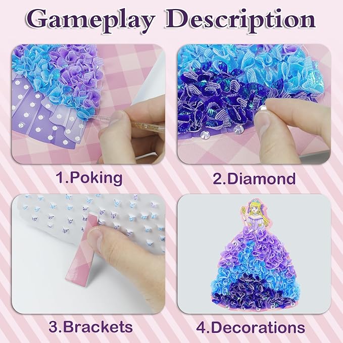 STAOVA 12 Pcs Poke in Art Kits for Girls, DIY Pretty Princess Game with Magical Princesses & 9 Pcs Accessories, Crafts for Kids Ages 4-8, 8-12 (Purple)