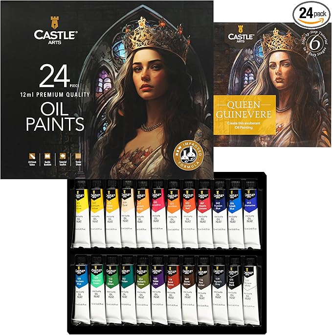 Castle Art Supplies 24 X 12ML Oil Paint Set | Great Value Set for Adult Artists, Beginners and Advanced | Vibrant Variety of Smooth-to-Use Colors | in Impressive Presentation Box with Tutorial (New)