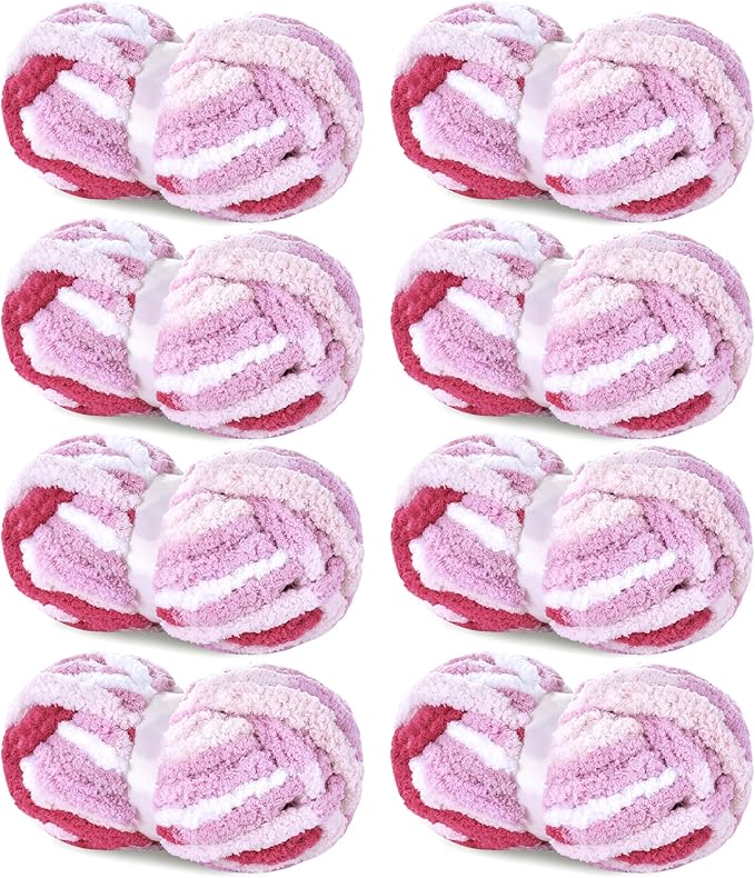 Hombys 8 Pack Giant Chunky Yarn for Crocheting/Hand Knitting - Super Bulky, Soft, Fluffy, Plush, Fuzzy, Thick Chenille Yarn - Tie Dye, Mixed Colors (Rose, Pink, White)