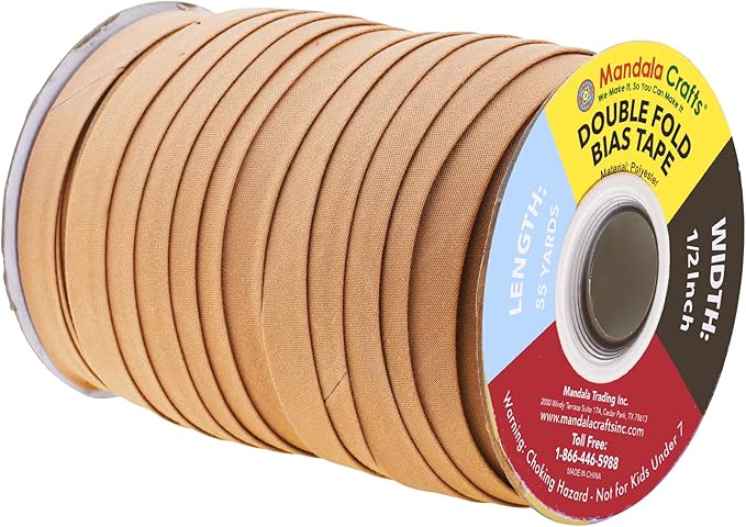 Mandala Crafts 55 Yards 1/2 Inch Tan Double Fold Bias Tape for Sewing - Bias Binding Tape for Quilting Binding, Hemming, Seam, and Fabric Piping