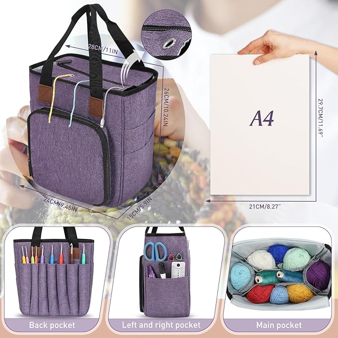 Crochet Bag Organizer, Knitting Yarn Bag Tote on the go, Crocheting Storage for knitters Supply Only Bag No Accessories(Purple)
