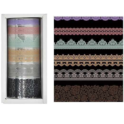 6 Rolls Lace Patterns PET Tapes Floral Arts Decorative Tape Set Adhesive Transparent Masking Tapes for DIY Craft, Kids, Scrapbook, DIY, Gift Wrapping, Journal (Gentle and Graceful)