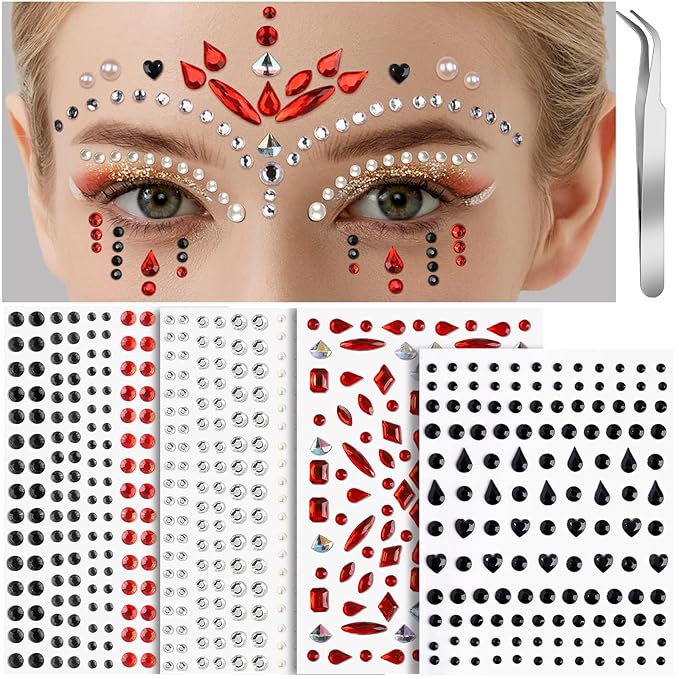 Teenitor 4 Sheets Face Gems Stick on, Face Jewels Red and Balck Face Rhinestones Gems, Festival Jewels Self-Adhesive Face Gems for Women, Rave Accessories for Face Eyes Body Halloween Makeup