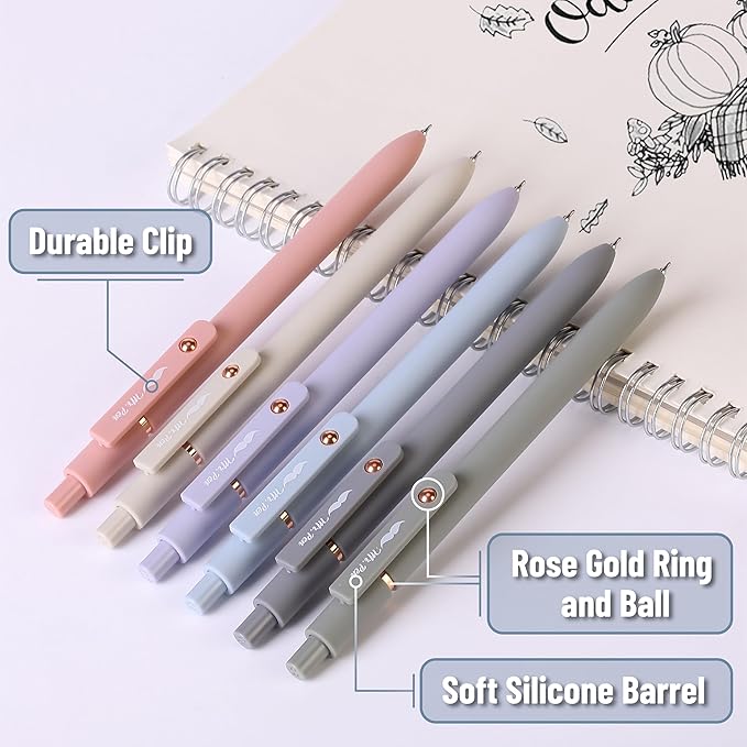 Mr. Pen- Retractable Gel Pens with Rose Gold Ring and Ball, 6 Pack, Morandi Barrels, Japanese Black Gel Pens, Fast Dry, Fine Point 0.5mm