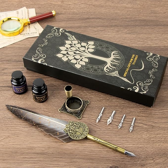Feather Pen and Ink Set,quill pen ink set,Antique Calligraphy Pen with 4 Replaceable Nibs,2 Bottle of ink,Pen Holder Christmas Gift for Men&Women.(Gray)
