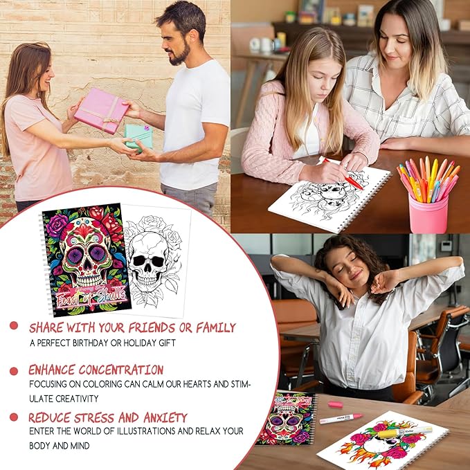 Tlenpo Sugar Skull Coloring Book for Adult Women Relaxation, Spiral Bound, Printed Single-Sided, Adult Coloring Book for Women Arts and Crafts Sugar Skull Mindfulness Gift with 50 Pages