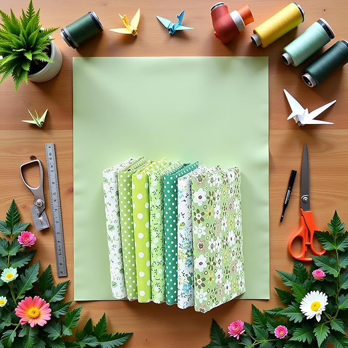 7Pcs Top Green Cotton Craft Fabric Bundle Squares Patchwork DIY Sewing Scrapbooking Quilting Floral Dot Pattern Craft and Hobby Fabric 10" x 10" (25cm x 25cm)