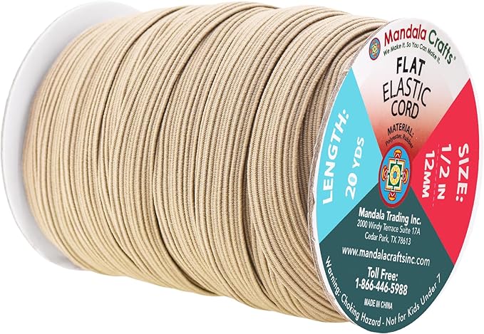 Mandala Crafts 12mm 20 Yds Roll of Khaki Elastic Bands for Sewing - 1/2 Flat Elastics Cord - 1 2 Inch Braided Stretch Straps for Crafting