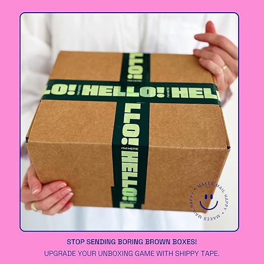 2 Rolls + Dispenser Decorative Packing Tape for Small Business, Cute Designer Packaging and Shipping Supplies - Hello! I'm Here, Green, 1.88" x 110 Yards (330 feet), Two 55 Yard Rolls