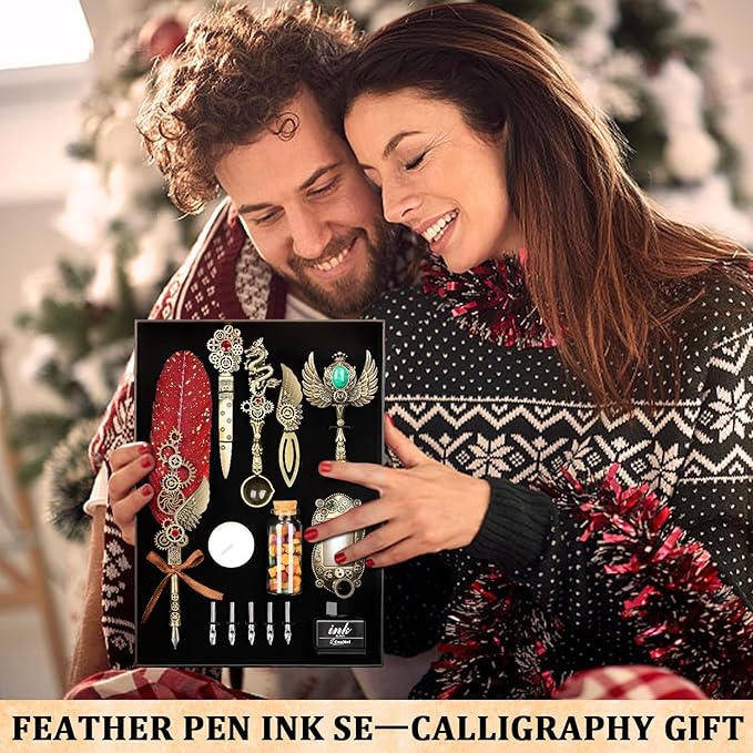 Quill Pen Ink Set with Wax Seal,Feather Quill Pen, a Collision of Punk and Retro Styles, both Calligraphy Pen Set and Wax Seal Stamp Kit, Suitable for Calligraphy Lovers of All Ages (Red)