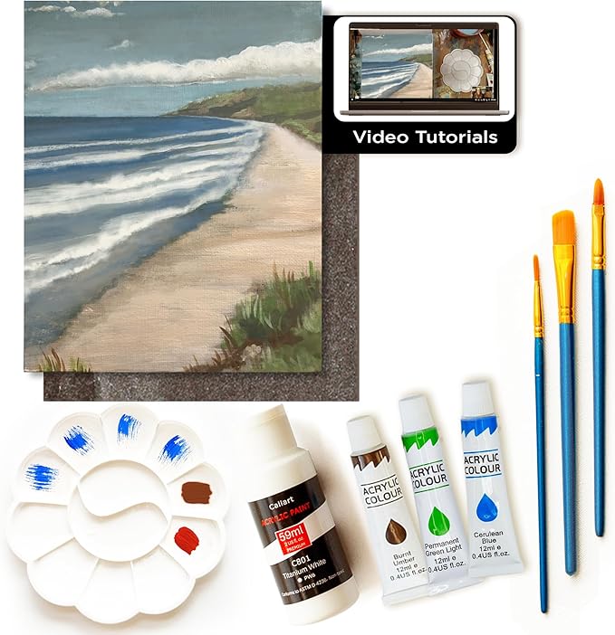 Painting4Real DIY Art Painting Kit for Adults – Learn to Paint Atlantic Coast with Video Tutorials – 9 Pieces Acrylic Paint Set for Adults –Perfect Christmas Crafts & Holiday Gifts for Art Lovers