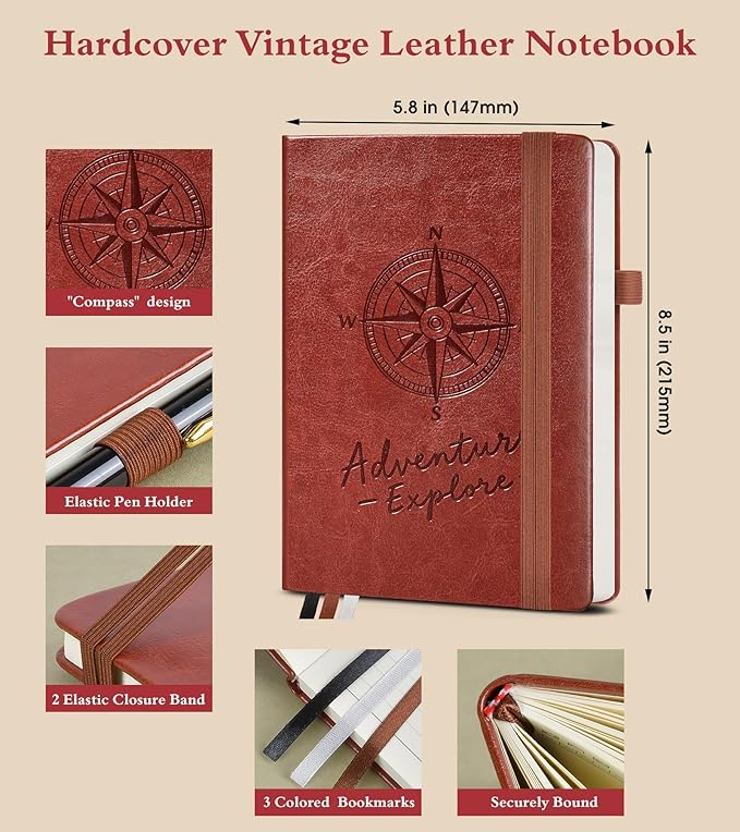 Lined Journal Notebook for Women Men, 160 Pages, A5 Hardcover Vintage Leather Journaling Notebooks for Work, School, Note Taking, Travel, Bible Study, Daily Diary for Writing 5.8"x8.5" (Brown)