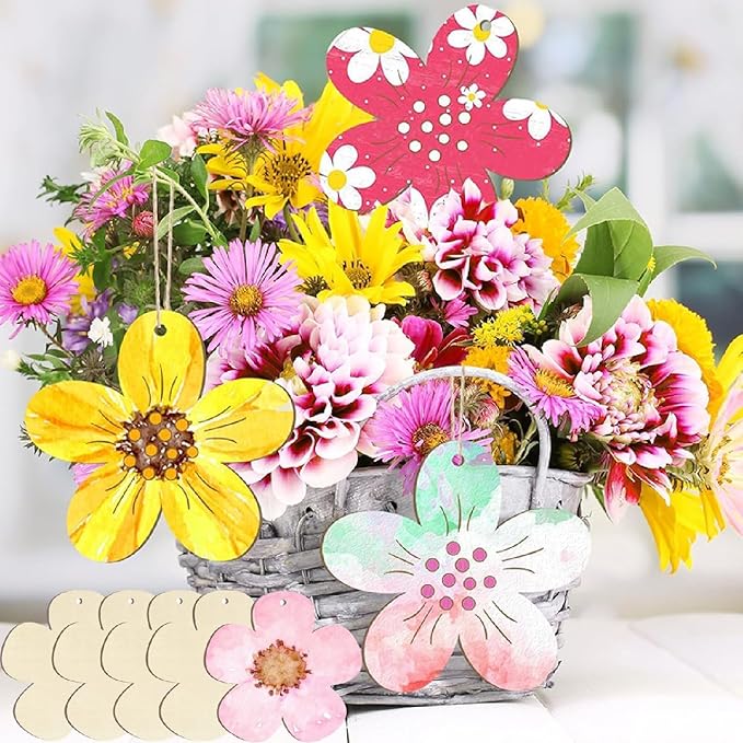 50 Pcs Wooden Ornaments, BetterJonny 3.15 * 2.56in Unfinished Natural Wood Slices with Holes Blank Wood Discs with 50pcs Jute Rope for DIY Christmas Decoration