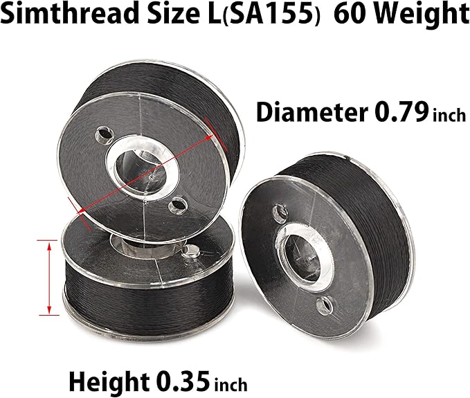 Simthread 144 Prewound Bobbin Thread Size L 60WT (SA155) for Husqvarna Viking pfaff Creative Vision Embroidery Machines Plastic Side - Black