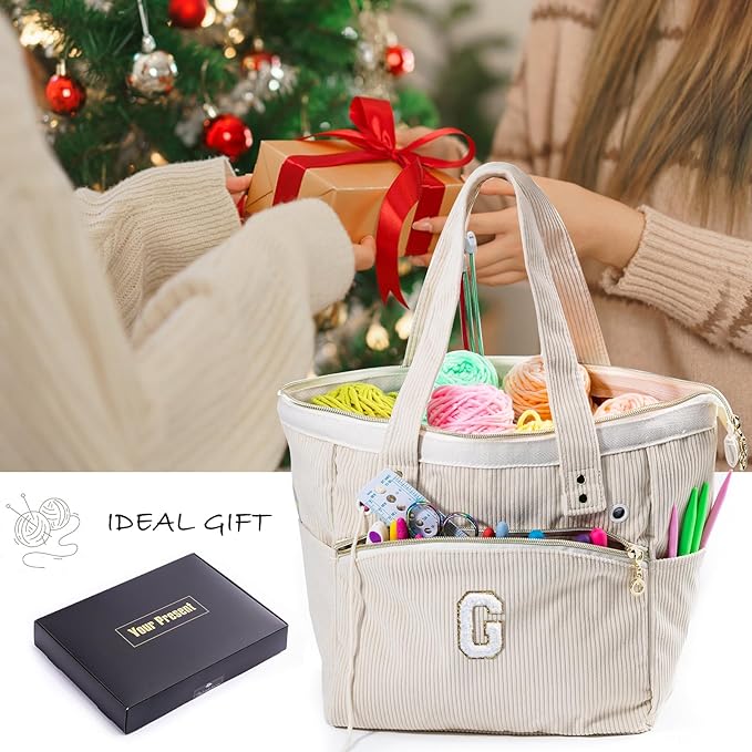 Initial Personalized Corduroy Yarn Bag - Tote Storage & Organizer for Crochet Hooks, Accessories & Projects