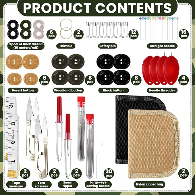Suncalla Military Survival Sewing Kit Tactical with Buttons Durable Nylon Portable Small Sewing Kit for Men Women Complete Thread Needle Repair Tools for Travel Field Emergency(Black Brown,2)