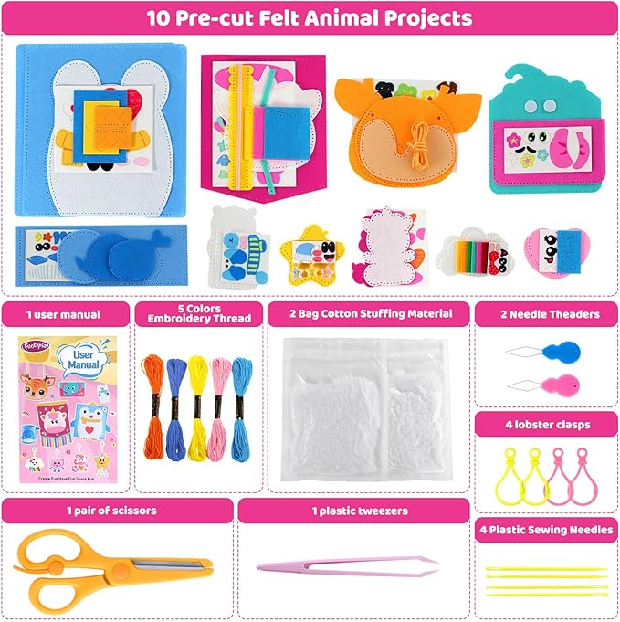 Funtopia Felt Sewing Crafts for Kids Ages 4-12, 10 Easy DIY Projects Kids Sewing Kit with Tutorial, Learn to Sew Plush Pillow Hanging Organizer Handbag, Beginner Sew Toys and Birthday Gift for Girls