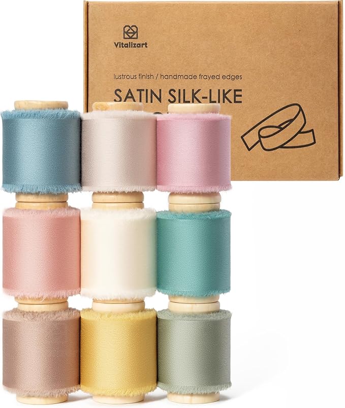 Vitalizart Silk Satin Ribbon 1-1/2 Inch x 45 Yard Wooden Spool Assorted Color Handmade Frayed Ribbons for Gift Wrapping Baby Shower Wedding Bridal Bouquets Holiday Decor 9 Rolls x 5 Yard