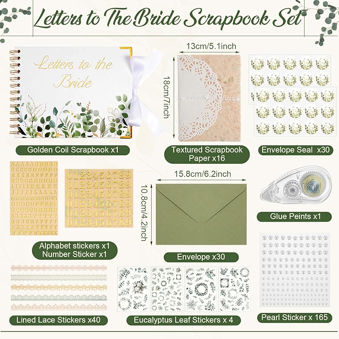 Humyoun 8.5 x 7 Inch Wedding Guest Book Letters to The Bride Scrapbook Wedding Memory Book Bridal DIY Blank Paper Scrapbook Photo Album Guest Sign with Pearl Stickers (97 Pcs,Eucalyptus)