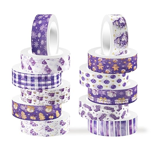 12 Pcs Purple Christmas Washi Tape Watercolor Xmas Pattern Masking Tape Decorations Purple Christmas Decorative Paper Sticker for Vintage Journals, Planners, DIY Craft Gift Wrapping