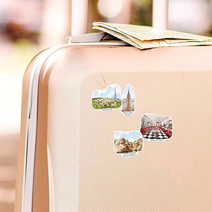 Navy Peony Iconic USA Travel Stickers (28pcs) - Hand-Illustrated, United States, American-Themed Vacation Decals for Journals, Scrapbooks, Luggage