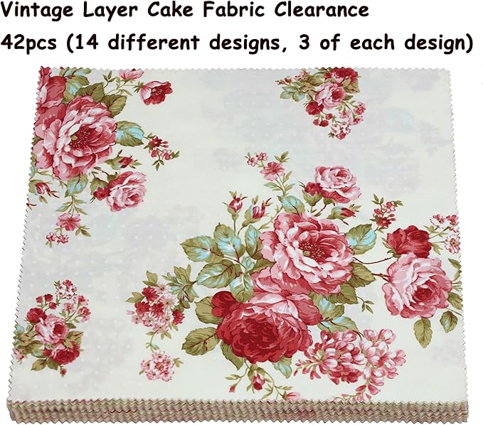 Hanjunzhao Layer Cake Fabric for Quilting 10 inch, Layer Cake Fabric Clearance, Layer Cakes 10 inch Squares for Quilting, Sewing, Birthday Valentine's Party Decor, and Crafts, Vintage Floral