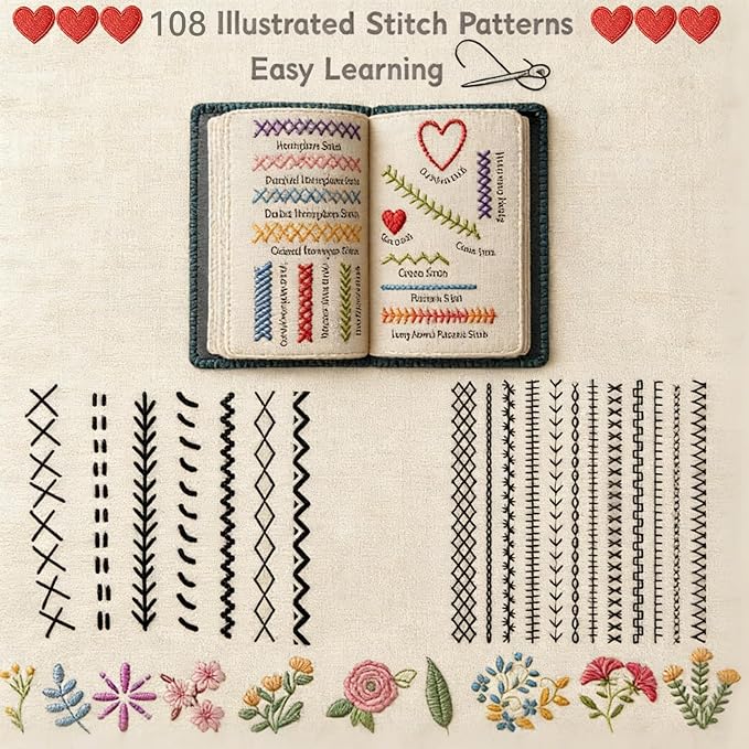 AEEHFENG 2026 Upgraded Embroidery Stitch Book Kit, Advanced Embroidery Book Kit, DIY Embroidery Stitch Bo-ok kit with Multiple Sewing Kit, 108 Pattern for DIY and Sew Enthusiast (2 Pack)