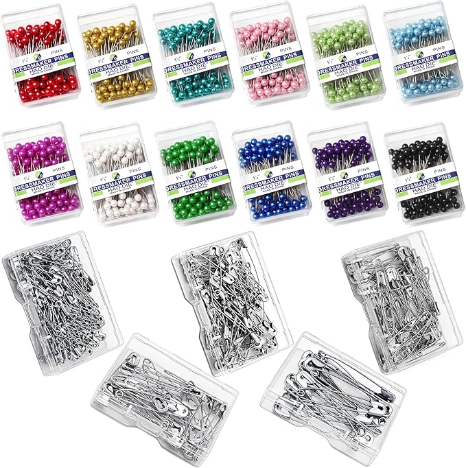 1470Pcs Sewing Pins Assorted Set Contains 12 Colors 1.57inch Pearlized Ball Head Quilting Pin and Mini Small Large Safety Pins for Fabric, Dressmaker, Art and Craft Supplies