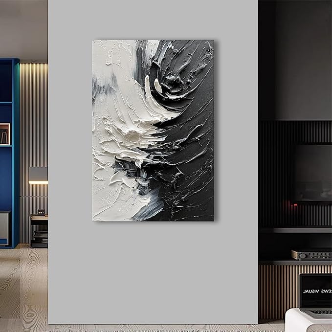 NANKAI Art Hand Drawn Thick Textured Black and White Abstract Art Oil Painting in Modern Minimalist Style, 36x24 inches. Decorative Wall Painting for Home Office or Corridor
