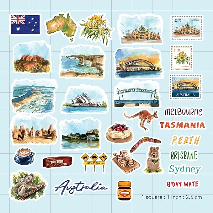 Navy Peony Outback Australia Travel Stickers (32pcs) — for Scrapbooks, Journals