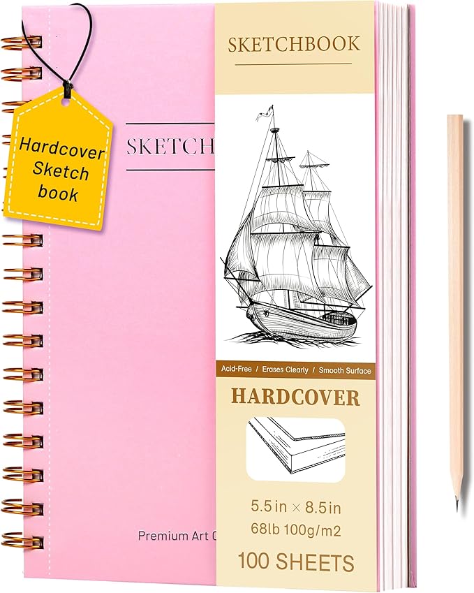 Yoment 5.5" x 8.5" Sketch Book Small Sketchbook for Drawing 100 Sheets Hardcover Spiral Sketch Pad for Kids(68lb/100gsm) Art Sketchbook Drawing Blank Paper Book for Beginner Artist with Pencil Pink