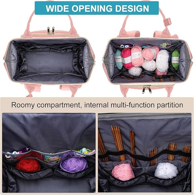 Kuosdaz Crochet Bag Backpack, Large Yarn Storage Crochet Organizer, Christmas Gifts Travel Crochet Backpack for Women, Knitting & Crochet Accessories for Crochet Hooks, Pink & Beige